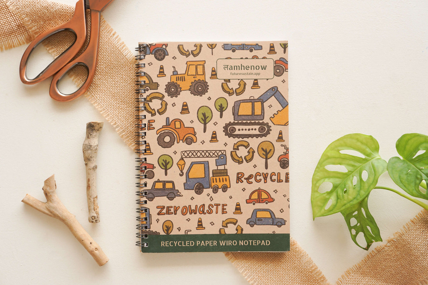Patterned A5 wiro notepad, eco-friendly and affordable, styled with plant